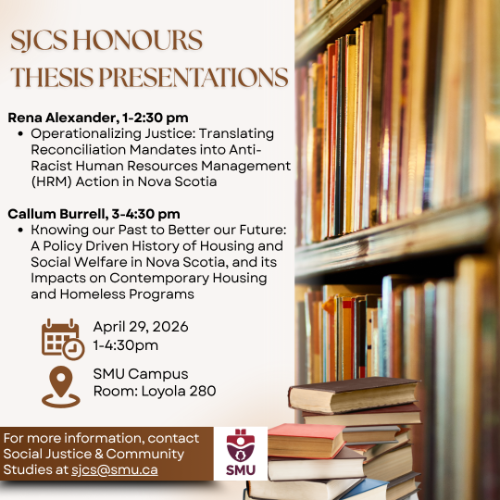 Poster for SJCS Honours Thesis Presentations on April 29, 2026 at SMU, featuring two student research talks.